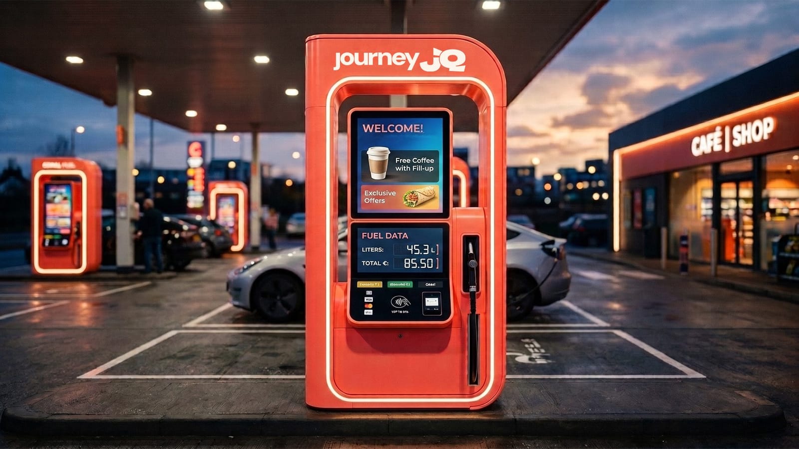 A JourneyIQ pump-side kiosk on a forecourt at dusk, its screen showing a coffee offer